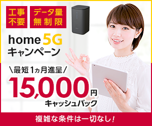 女性がタブレットを持ちながら微笑んでいる姿と、NTTドコモのhome 5Gルーターが画面上に表示されているプロモーション画像。工事不要でデータ量無制限のキャンペーン情報が記載されている。