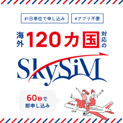 SkyeSiMのサービスを紹介する画像。海外120カ国に対応し、1日単位で申し込み可能で、アプリ不要。