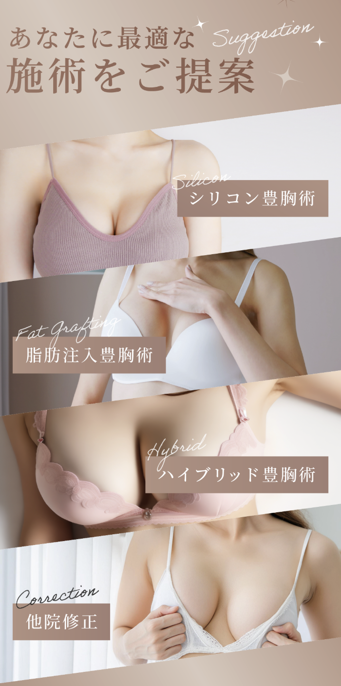 豊胸施術の提案を示した画像。シリコン豊胸、脂肪注入豊胸、ハイブリッド豊胸、修正施術の内容が紹介されているポスター。