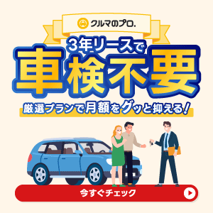 イラストには、車の前に立つ男女と車を交換しているシーンが描かれており、上部には「3年リースで車検不要」と記載されています。
