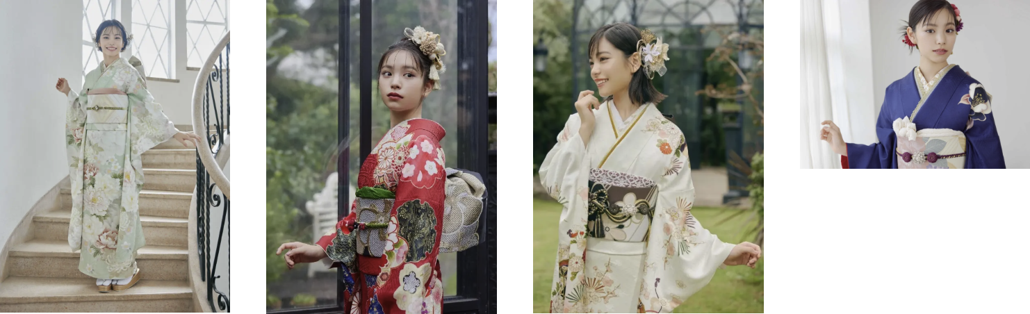 女性が異なるデザインの着物を着ている様子。左から、淡い緑色の花柄着物、赤地に華やかな模様の着物、白地に色とりどりの花柄の着物、そして紺色の着物。背景には建物や庭が見える。