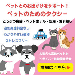 ペット用タクシーサービスの広告。犬、猫、ウサギのイラストが描かれており、タクシーのイラストと共に「ペットとのお出かけをサポート」とのメッセージがある。