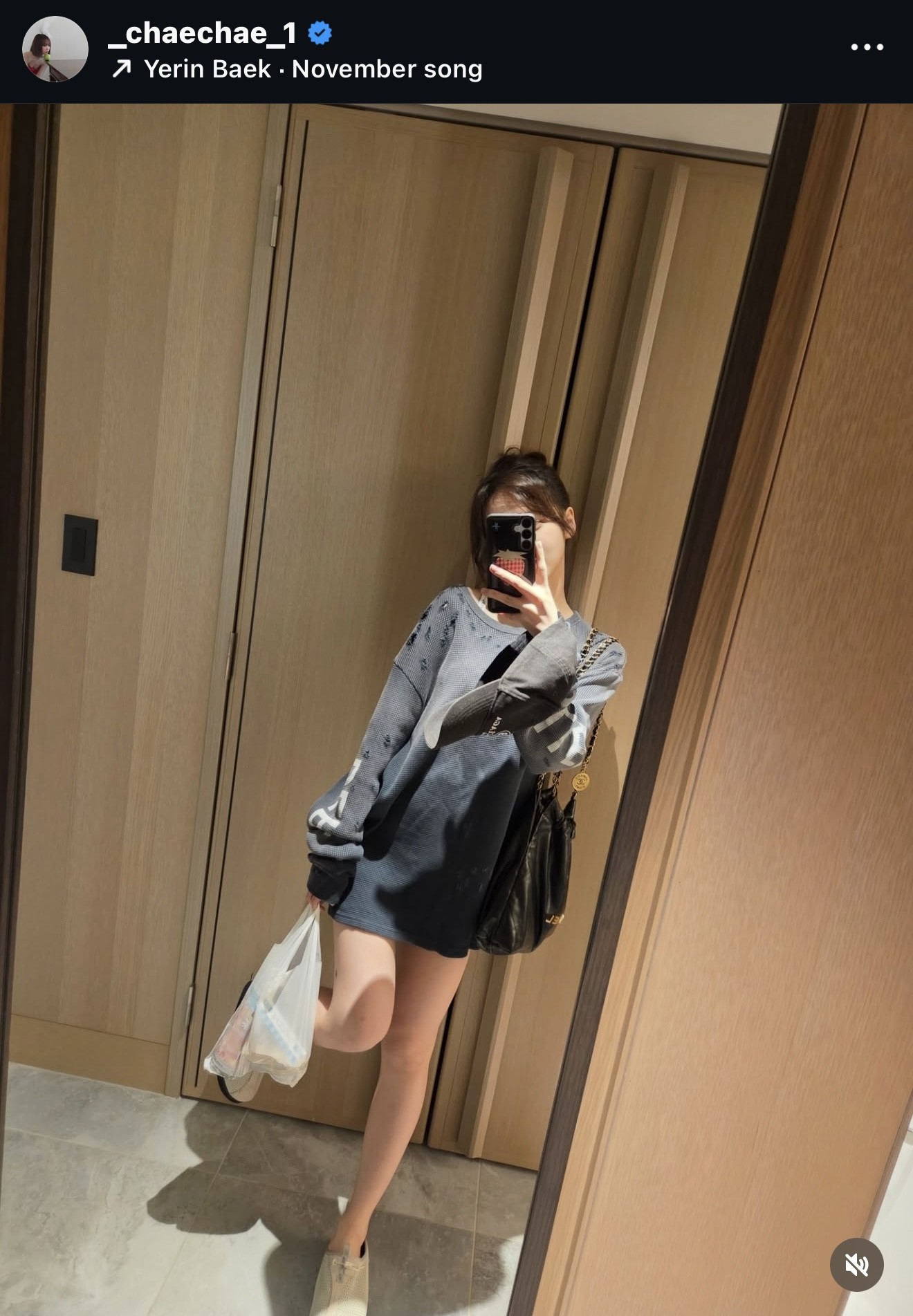 女性が鏡の前で自撮りをしている。カジュアルな服装で、黒いバッグとビニール袋を持っている。背景には木製のクローゼットが見える。