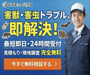 レスキューハウスの広告。笑顔の作業員と害虫・害獣のイラスト、テキストメッセージ(「害獣・害虫トラブル、即解決!」、「最短即日・24時間受付」、「見積もり・現地調査完全無料」)、オレンジ色の相談ボタン(「今すぐ無料相談する」)が配置されている。