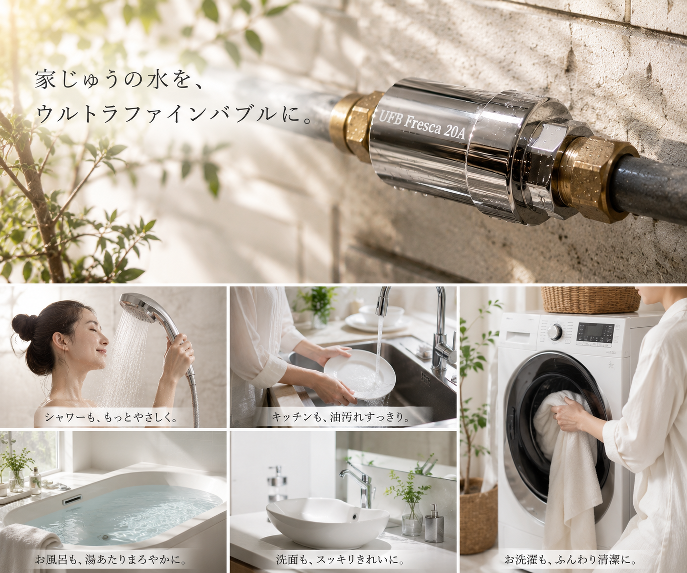 ウルトラファインバブル フレスカ｜ノズル1本で家じゅうの水がウルトラファインバブルに変わるイメージ画像（シャワー・キッチン・洗面・洗濯）