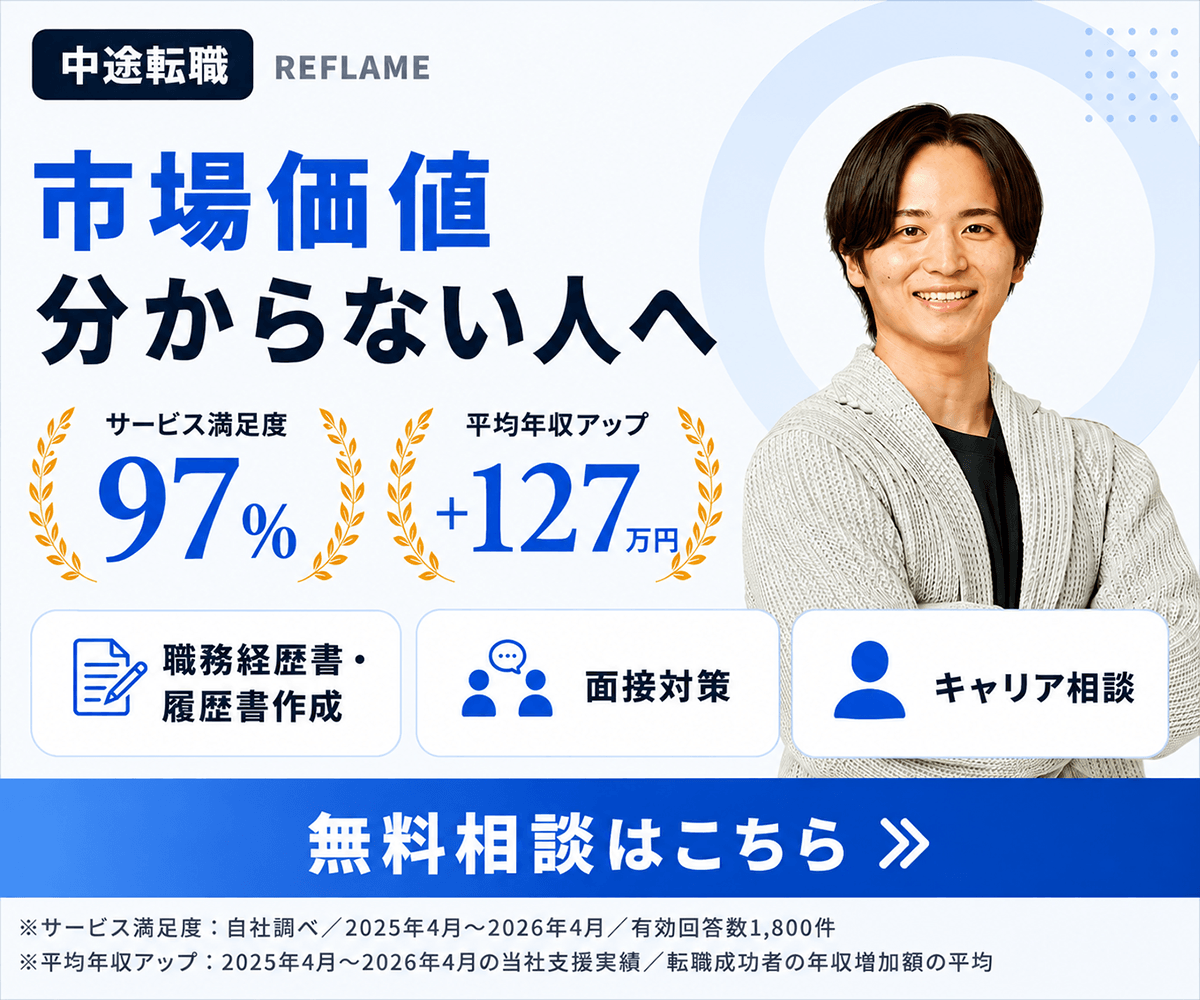 REFLAME(リフレーム)中途転職キャリア相談バナー サービス満足度97%・平均年収アップ127万円・職務経歴書と履歴書の無料作成、面接対策、キャリア相談、無料相談はこちら